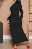 Black Casual Solid Patchwork Buckle Fold Turndown Collar Pencil Skirt Dresses