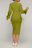 Green Elegant Solid Patchwork Frenulum Fold V Neck One Step Skirt Dresses