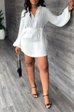 White Casual Solid Patchwork With Belt V Neck Straight Dresses