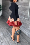 Black Red Fashion Print Flounce O Neck Cake Skirt Dresses