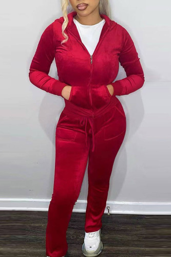 Red Casual Solid Patchwork Zipper Hooded Collar Long Sleeve Two Pieces