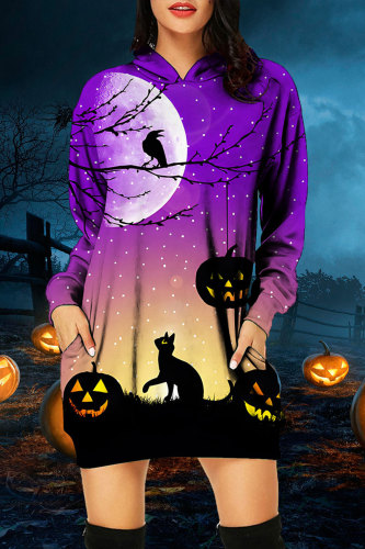 Purple Halloween Pumpkin Cat Print Long Sleeve Loose Straight Hooded Mini Dress