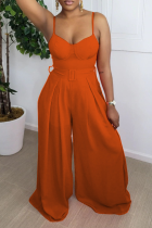 Tangerine Red Sexy Solid Patchwork Spaghetti Strap Boot Cut Jumpsuits