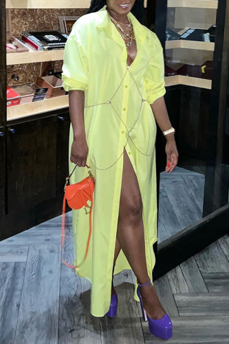 Yellow Casual Solid Patchwork Buckle Turndown Collar Shirt Dress Dresses