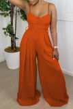 Tangerine Red Sexy Solid Patchwork Spaghetti Strap Boot Cut Jumpsuits