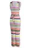Pink Fashion Casual Striped Print Slit U Neck Vest Dress