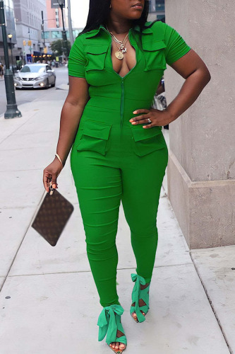 Green Casual Solid Patchwork Pocket Zipper Collar Regular Jumpsuits