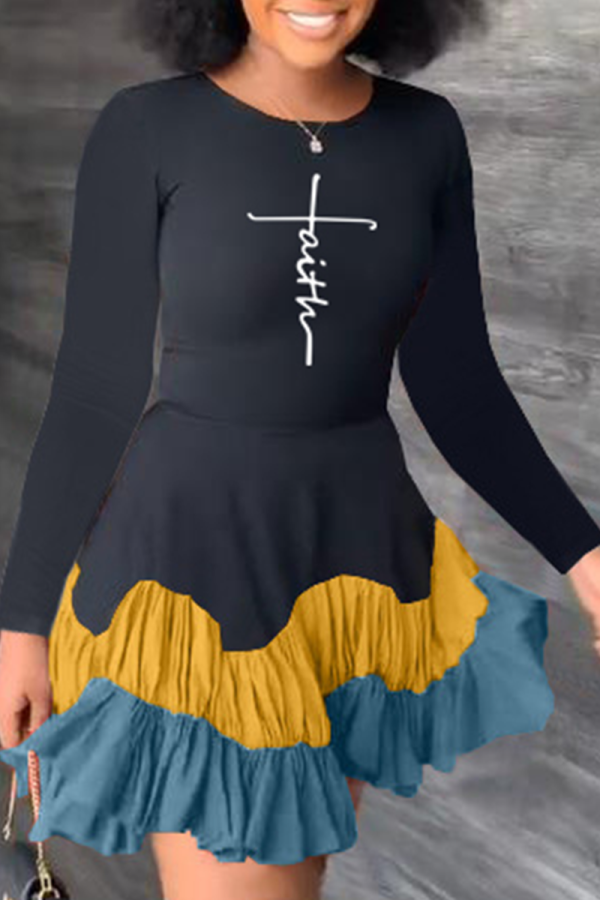 Black Yellow Fashion Print Flounce O Neck Cake Skirt Dresses