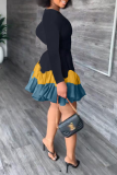 Black Yellow Fashion Print Flounce O Neck Cake Skirt Dresses
