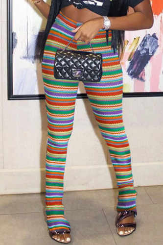 Purple Orange Fashion Street Striped Print Patchwork Fold High Waist Speaker Full Print Bottoms
