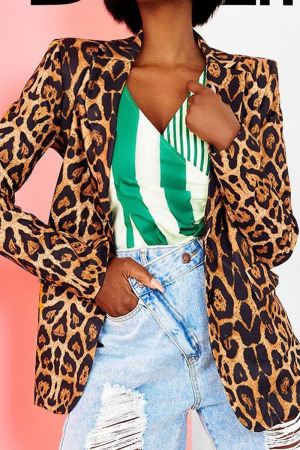 Brown Casual Print Patchwork Turn-back Collar Outerwear