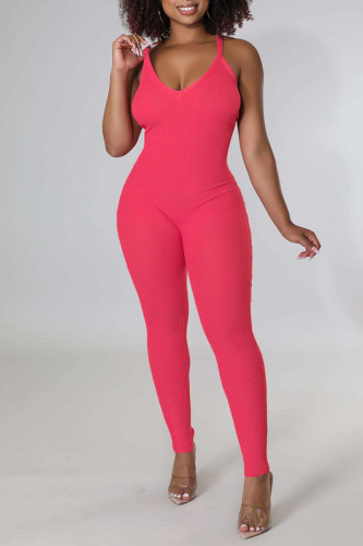 Rose Red Sexy Solid Patchwork Spaghetti Strap Skinny Jumpsuits
