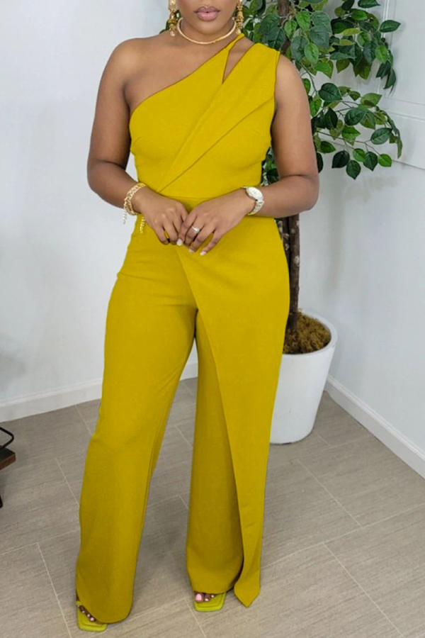 Yellow Fashion Solid Patchwork Off the Shoulder Boot Cut Jumpsuits