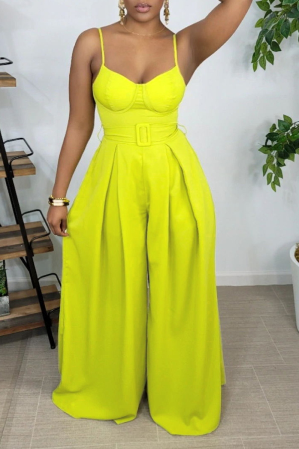Yellow Sexy Solid Patchwork Spaghetti Strap Boot Cut Jumpsuits