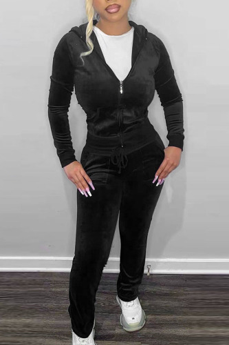 Black Casual Solid Patchwork Zipper Hooded Collar Long Sleeve Two Pieces
