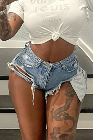 Blue Fashion Solid Tassel Mid Waist Skinny Denim Shorts