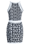 Black And White Sexy Casual Print Patchwork O Neck Sleeveless Two Pieces