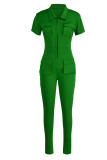 Green Casual Solid Patchwork Pocket Zipper Collar Regular Jumpsuits