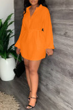 Tangerine Red Casual Solid Patchwork With Belt V Neck Straight Dresses