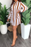 Brown Fashion Casual Striped Print Basic V Neck Long Sleeve Dresses