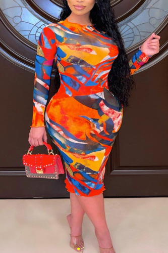 Colour Fashion Casual Print Patchwork O Neck Long Sleeve Plus Size Dresses