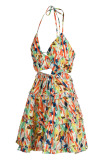 Yellow Sexy Print Bandage Hollowed Out Backless Halter Sling Dress