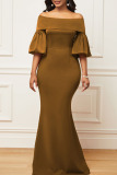 Brown Elegant Solid Patchwork Off the Shoulder Evening Dress Dresses