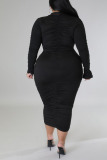 Black Sexy Solid Patchwork Buckle V Neck Plus Size Two Pieces