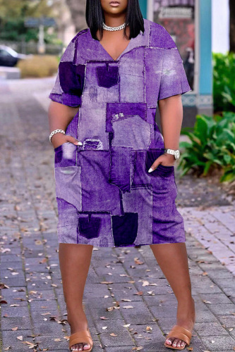 Purple Fashion Casual Print Patchwork V Neck Short Sleeve Dress