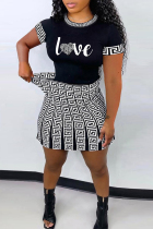 Gray White Fashion Casual Print Patchwork O Neck Short Sleeve Two Pieces