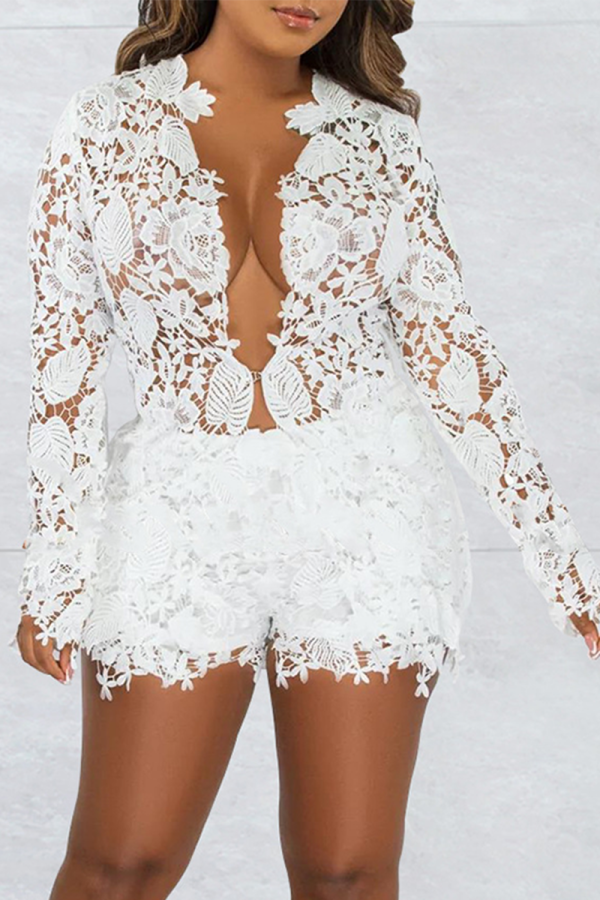 White Sexy Patchwork Lace V Neck Long Sleeve Two Pieces