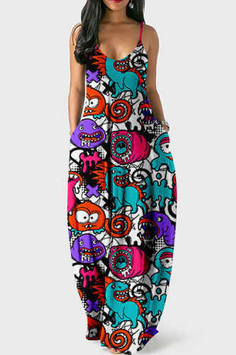 Blue Purple Halloween Skull Pumpkin Sleeveless U Neck Floor Length Loose Maxi Slip Dress