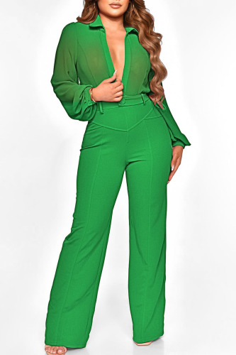Green Sexy Solid Patchwork V Neck Straight Jumpsuits
