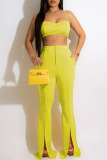 Fluorescent Yellow Sexy Solid Patchwork Slit Spaghetti Strap Sleeveless Two Pieces