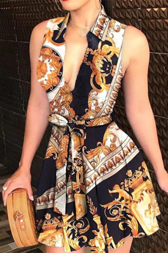 Black Yellow Fashion Casual Print Patchwork V Neck Sleeveless Dress