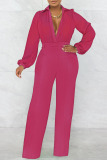 Rose Red Sexy Solid Patchwork V Neck Straight Jumpsuits