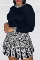 Black Fashion Print Patchwork O Neck Plus Size Two Pieces