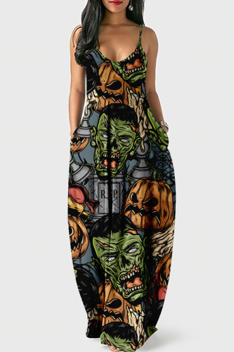 Gray Green Halloween Skull Pumpkin Sleeveless U Neck Floor Length Loose Maxi Slip Dress