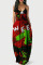 Red Green Street Print Patchwork Spaghetti Strap Lantern Skirt Dresses