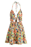 Colour Sexy Print Bandage Hollowed Out Backless Halter Sling Dress
