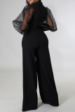 Black Fashion Solid Without Belt Mesh V Neck Boot Cut Jumpsuits