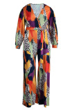 Yellow Sexy Print Bandage Patchwork V Neck Plus Size Jumpsuits
