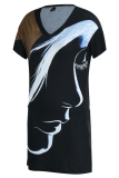 Black khaki Fashion Casual Print Patchwork V Neck Short Sleeve Dress