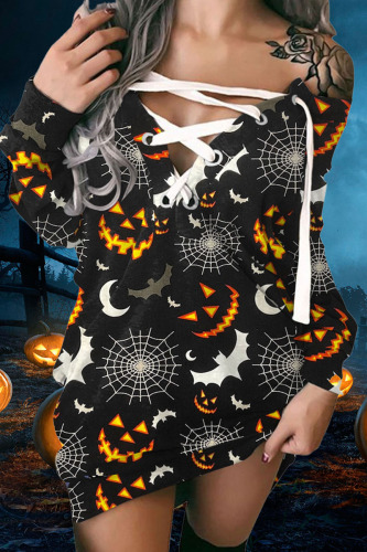 Black Halloween Pumpkin Deep V Neck Off Shoulder Long Sleeve Fall Winter Women Straight Loose Mini Dress