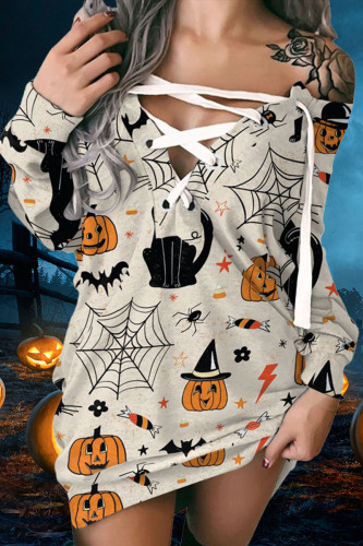 Cream White Halloween Pumpkin Deep V Neck Off Shoulder Long Sleeve Fall Winter Women Straight Loose Mini Dress