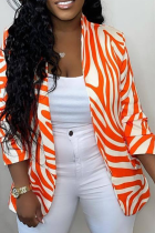 Tangerine Red Casual Print Patchwork Turndown Collar Outerwear