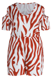 Red Fashion Casual Striped Print Hollowed Out V Neck Regular Rompers