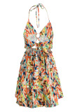 Multicolor Sexy Print Bandage Hollowed Out Backless Halter Sling Dress