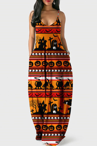 Tangerine Halloween Skull Pumpkin Sleeveless U Neck Floor Length Loose Maxi Slip Dress