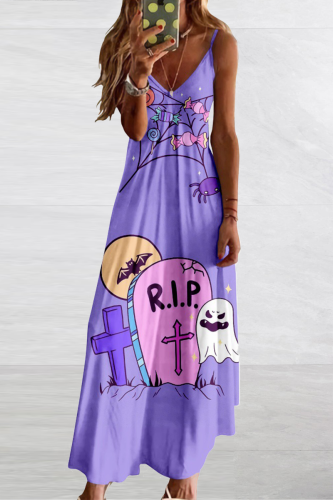 Purple Party Print Patchwork Spaghetti Strap Straight Dresses